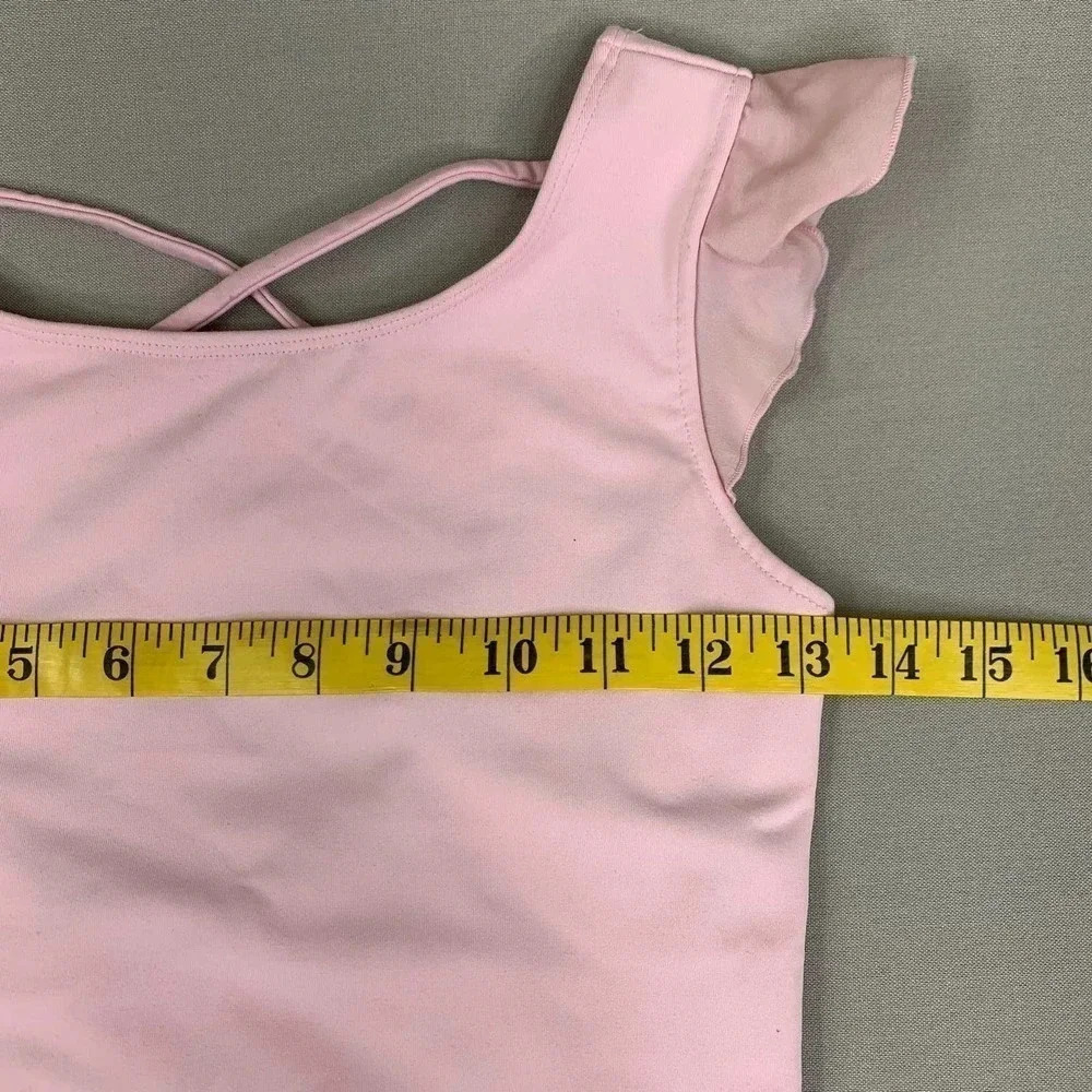 JUSTICE Active Girl's One Piece Flutter Cap Sleeves Swimsuit Baby Pink Size 14 - Picture 7 of 12